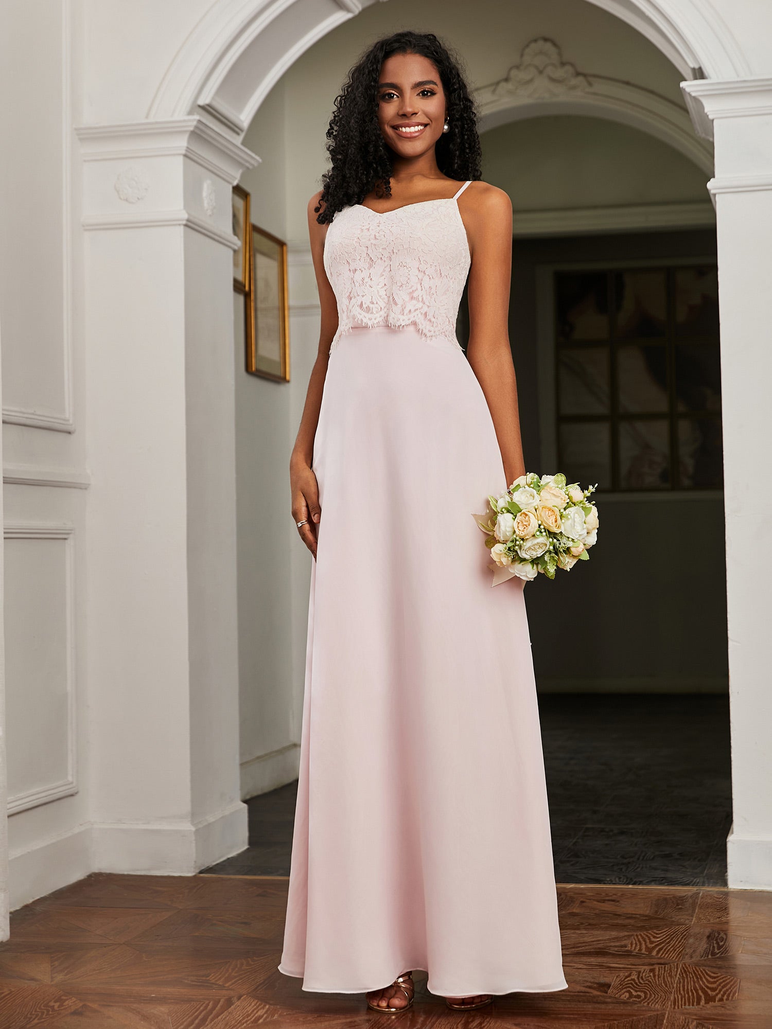 Lace Appliqued  Backless Chiffon A-Line Dress Blushing Pink